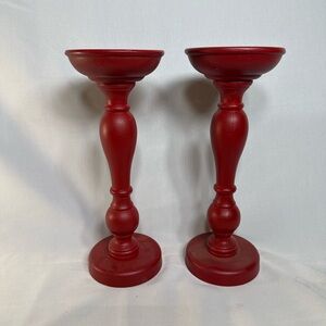 Red Wooden Candle Holders – Pair | 10.75” Tall Home Decor